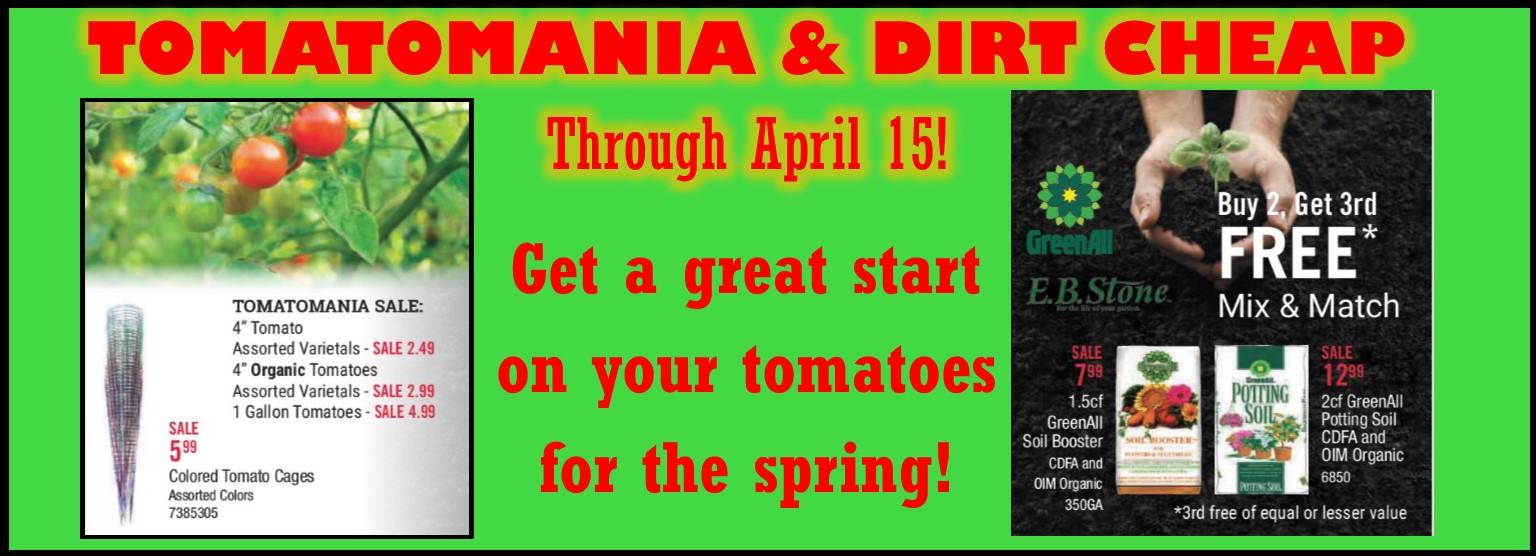 Tomatomania and Dirt Cheap through 4/15/19